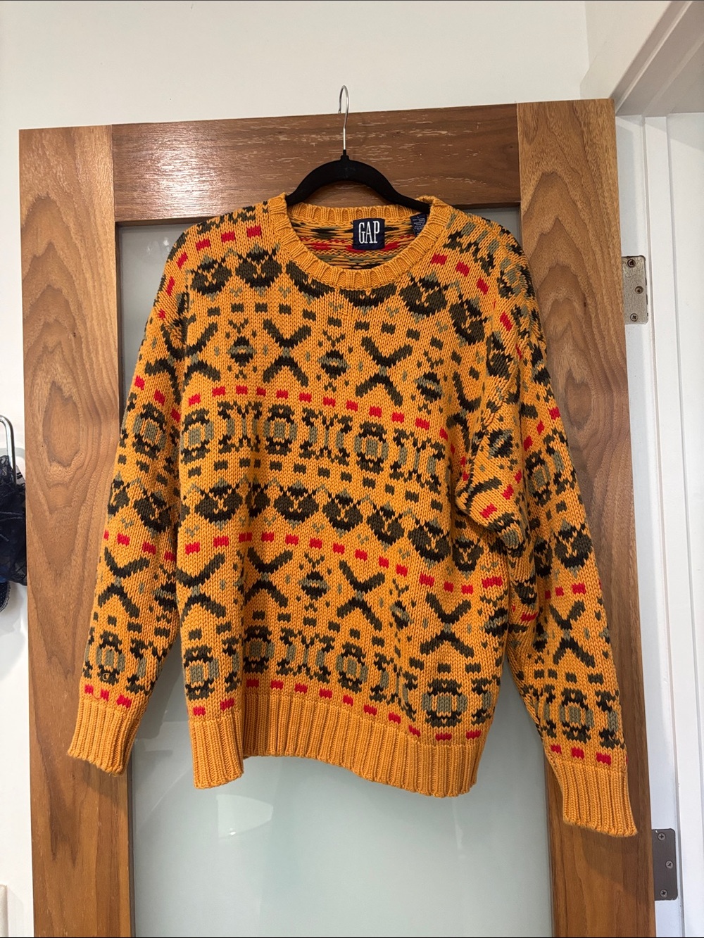 GAP Mustard Fair Isle Crewneck Sweater with Black & Red Accents
